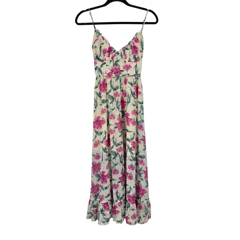 One And Only Collective Cream Floral Chiffon Corset Ruffle Midi Dress Size S